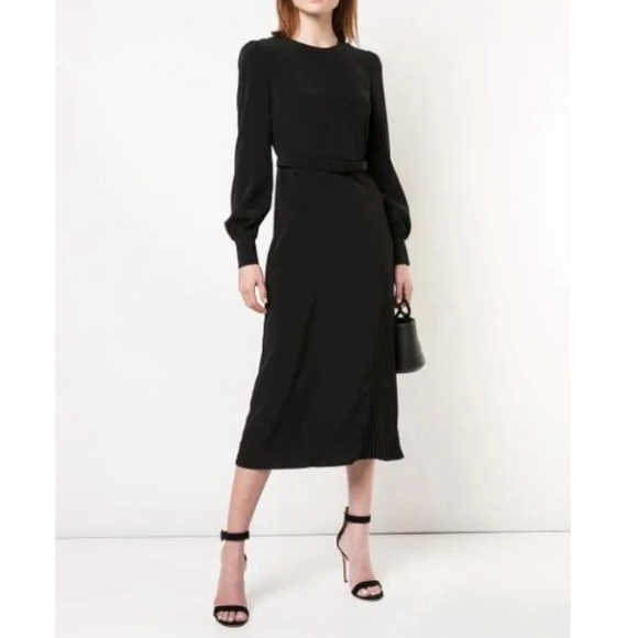 CO Essentials Pleated Panel Black Midi Dress Puff Sleeves “Tifa” Stretch - Picture 1 of 12